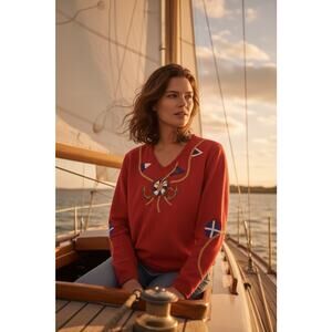 Quacker Factory Women M Red Embroidered Beaded Coastal Nautical Motif Tunic Top